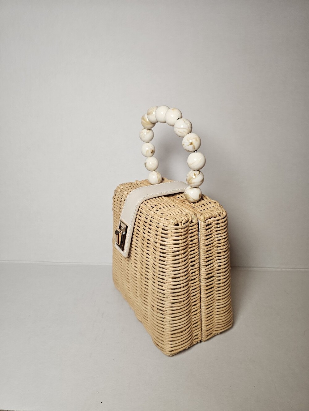 Antik Kraft Woven Rattan Top-Handle Bag with Beaded Handle - Cream - Picture 2 of 8